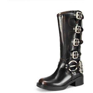 Women's Knee High Riding Boots Slip On Motorcycle Boot Fashion Buckle Biker Boot